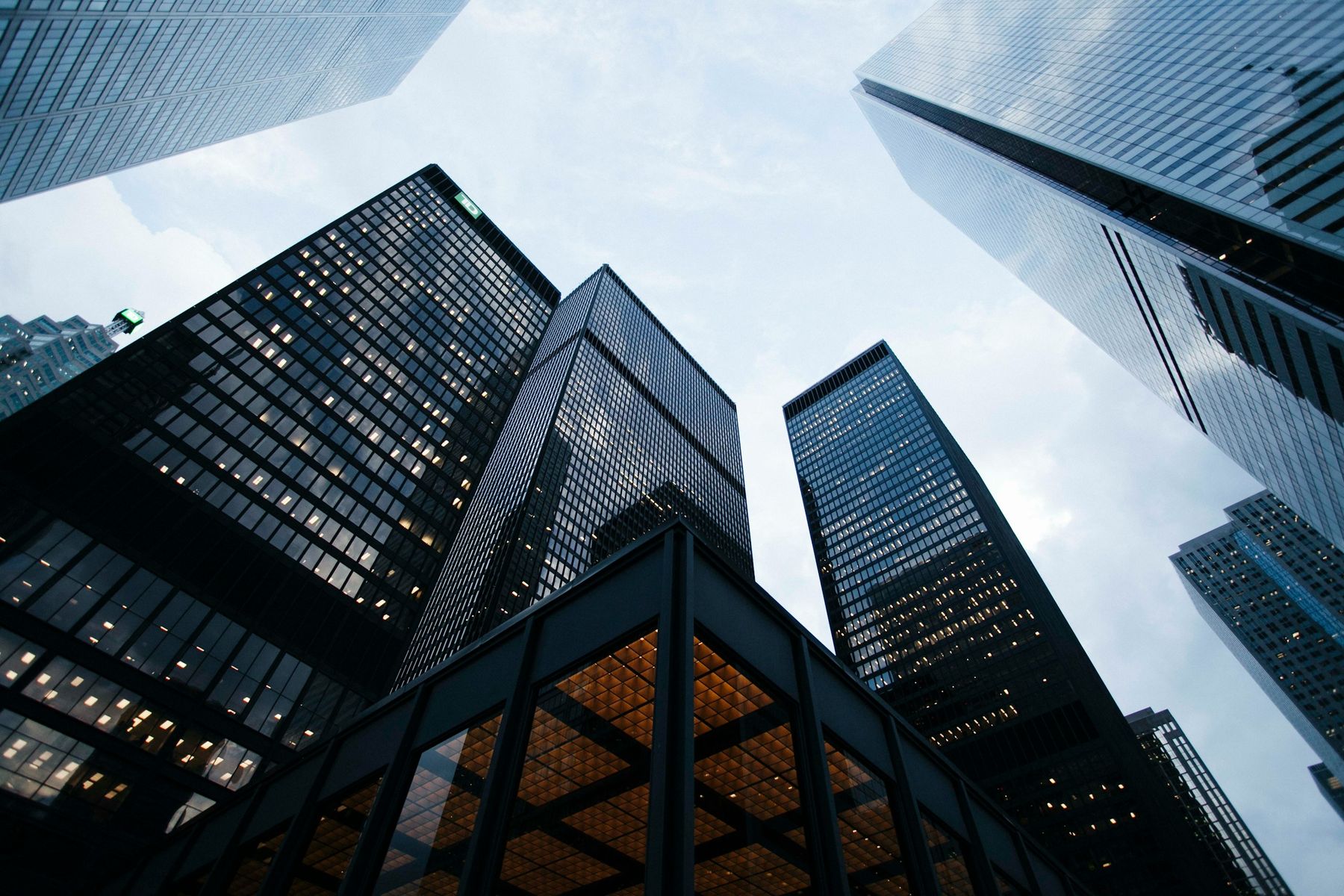 Modern glass towers seen from below